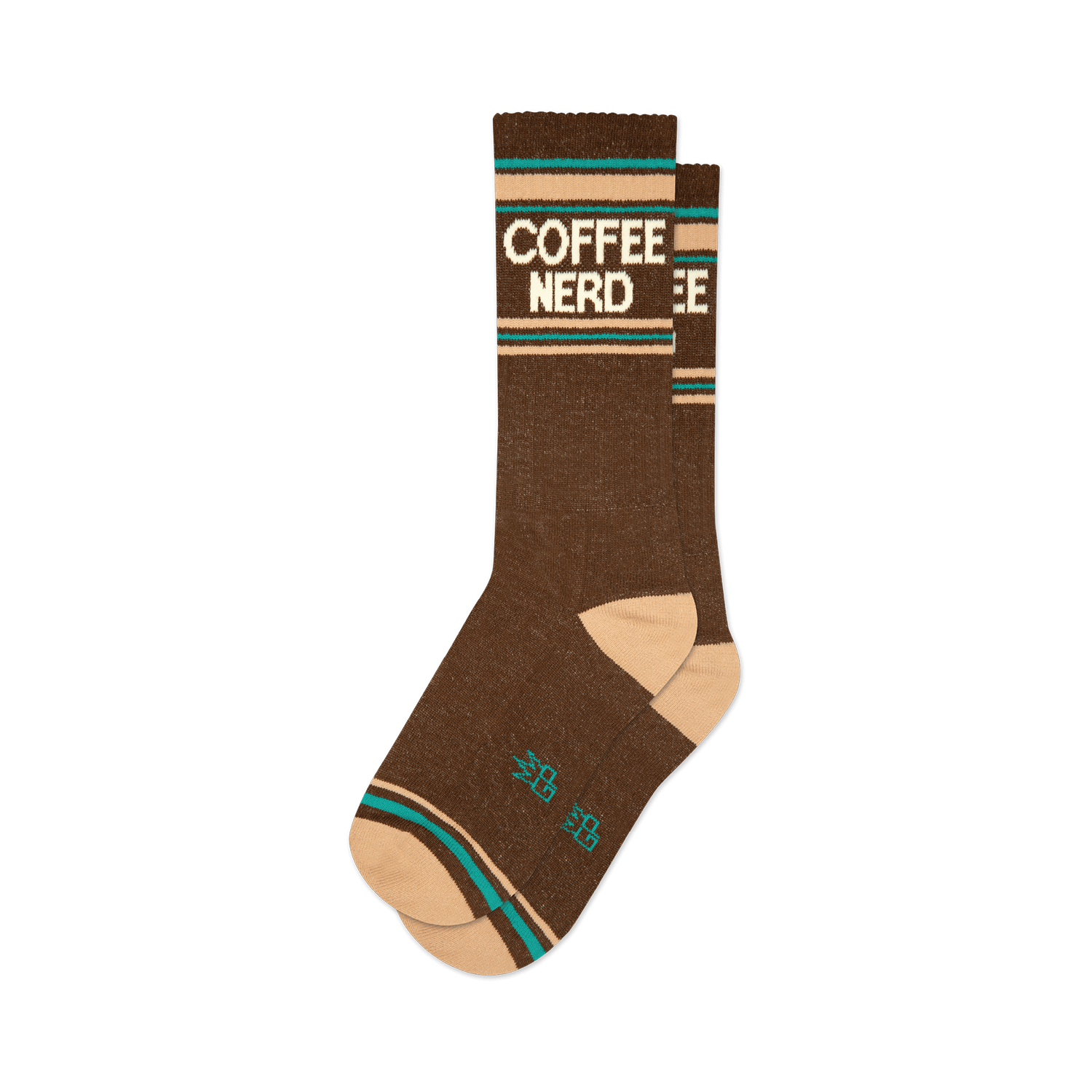 Pair of brown crew socks with a retro-style 'COFFEE NERD' graphic in cream and teal.  Features a peach-colored cuff.