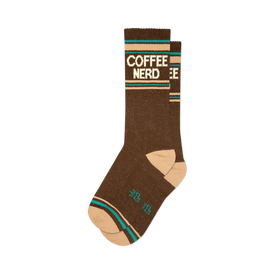 front view of brown socks with teal and cream stripes, that say 'coffee nerd' in white.