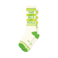 Pair of off-white crew socks with lime green stripes and the text 'That Just Dills My Pickle'.