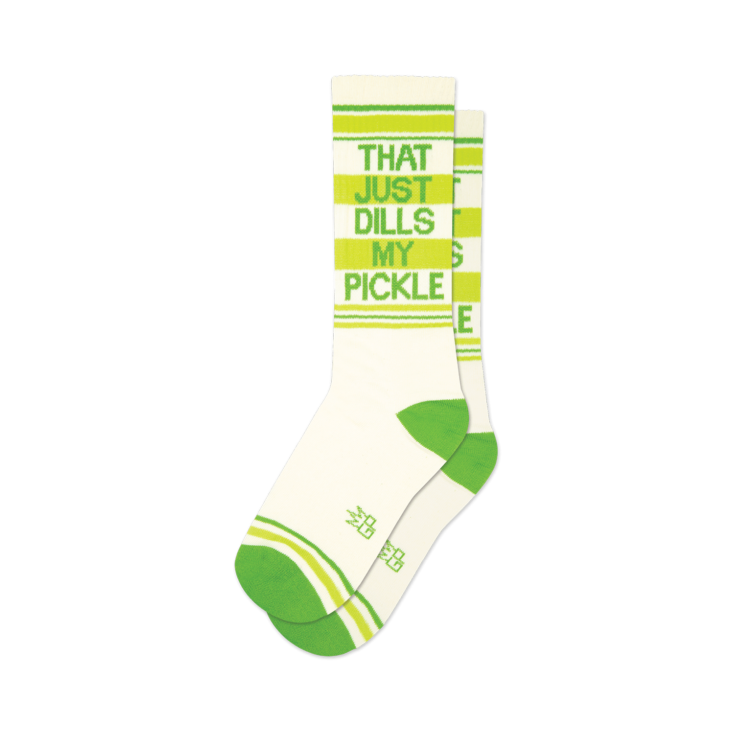Pair of off-white crew socks with lime green stripes and the text 'That Just Dills My Pickle'.