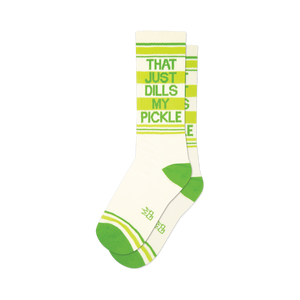 front view of a pair of white crew socks with green and yellow stripes and the words 