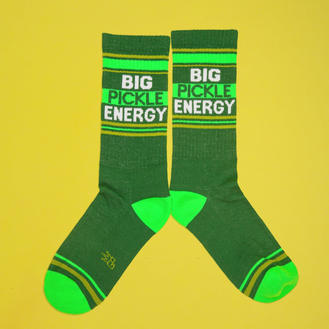 Close-up showcasing the detail of the 'Big Pickle Energy' text and stripes on the sock. [lf]