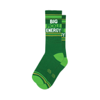 Pair of dark-green crew socks with neon-green and gold stripes and the words 'BIG PICKLE ENERGY' in white.