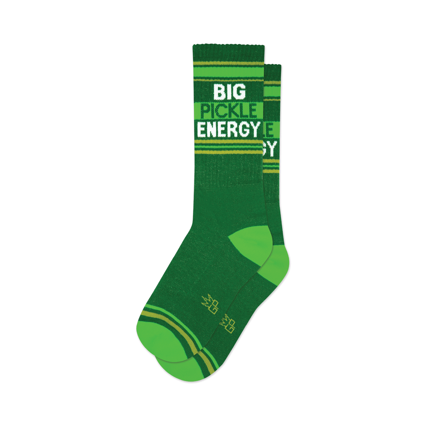 Pair of dark-green crew socks with neon-green and gold stripes and the words 'BIG PICKLE ENERGY' in white.