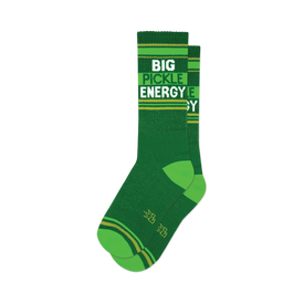 front view of a pair of green socks with "big pickle energy" written in white on the top of the socks.