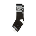 Pair of black crew socks with white and grey stripes and 'Museum Nerd' text.  Fun, retro design.