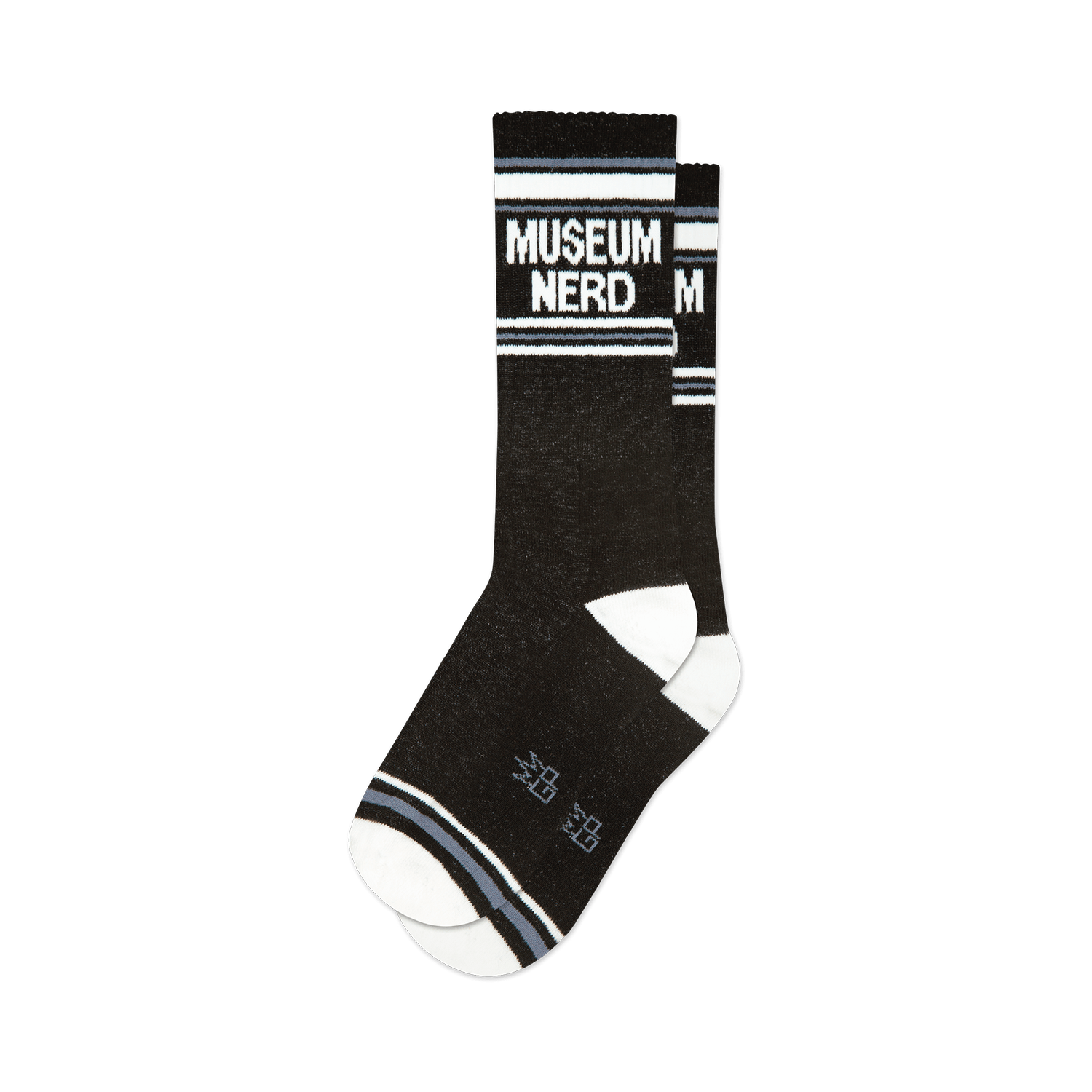 Pair of black crew socks with white and grey stripes and 'Museum Nerd' text.  Fun, retro design.