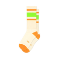 Pair of off-white crew socks with orange and neon green stripes. Orange accents at the toe and heel.  Retro style.