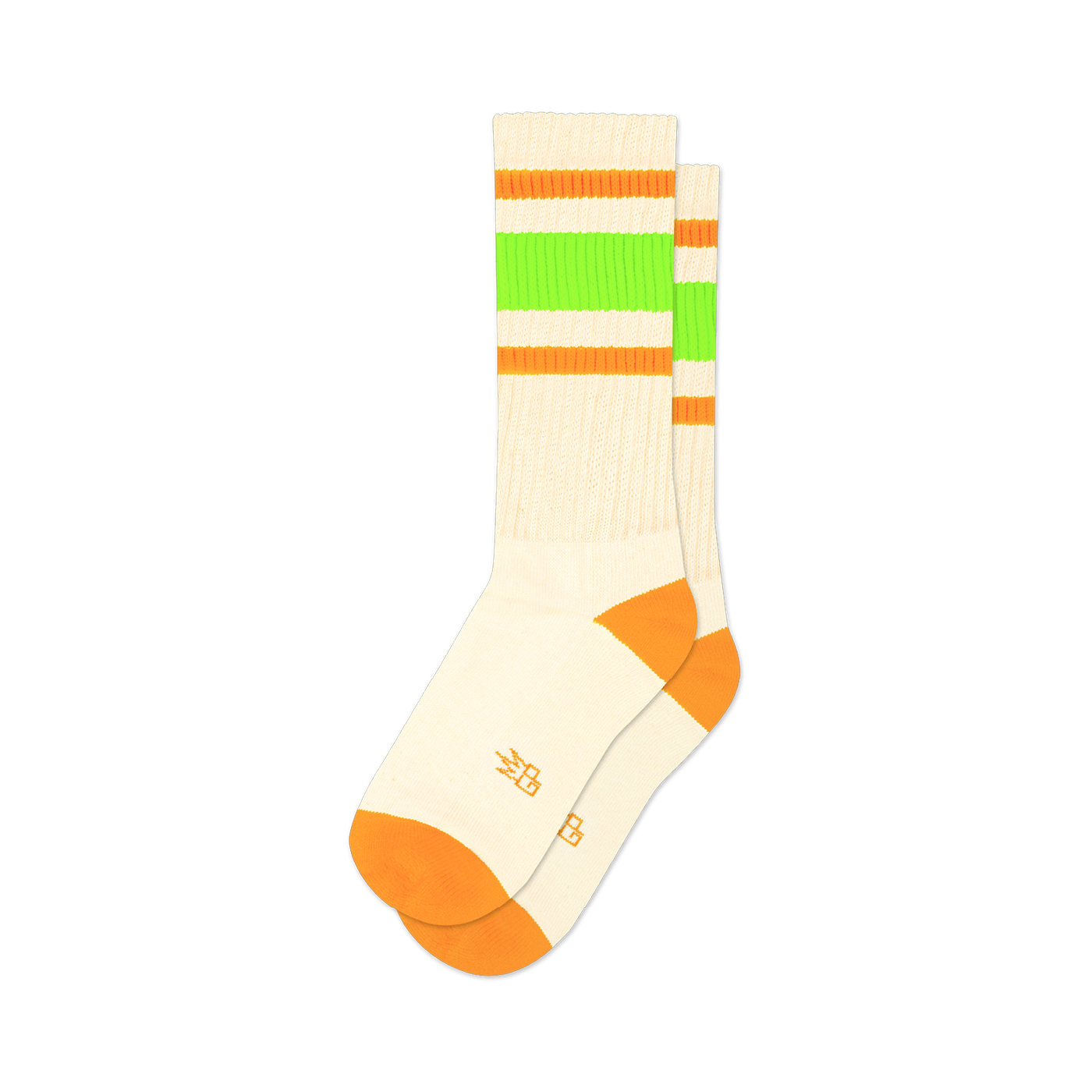 Pair of off-white crew socks with orange and neon green stripes. Orange accents at the toe and heel.  Retro style.