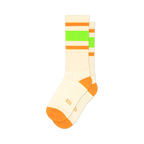 Pair of off-white crew socks with orange and neon green stripes. Orange accents at the toe and heel.  Retro style.