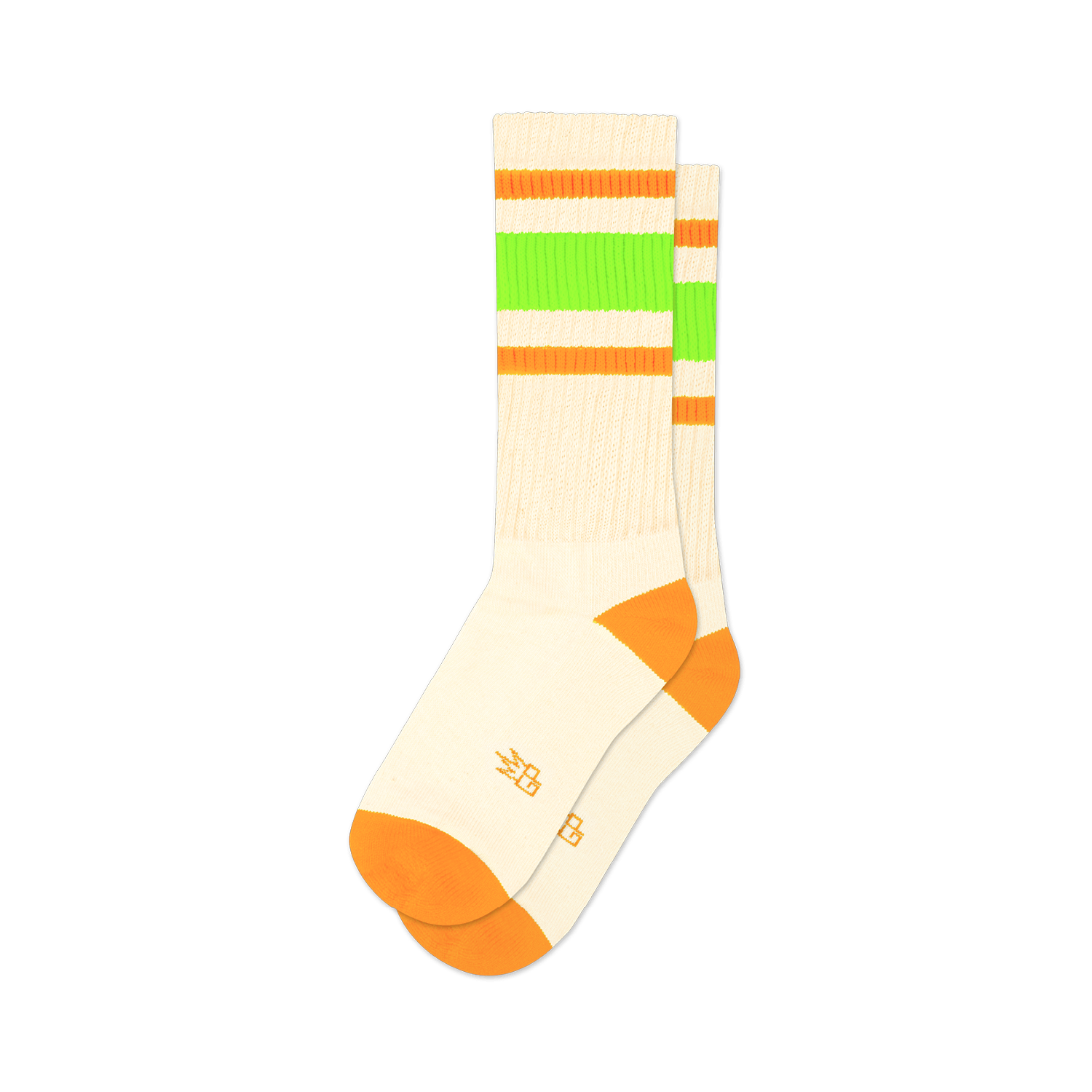 Pair of off-white crew socks with orange and neon green stripes. Orange accents at the toe and heel.  Retro style.
