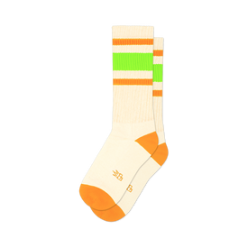 front view of a pair of white socks with neon green and orange stripes.