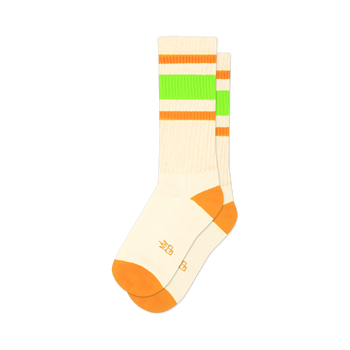 front view of a pair of white socks with neon green and orange stripes.