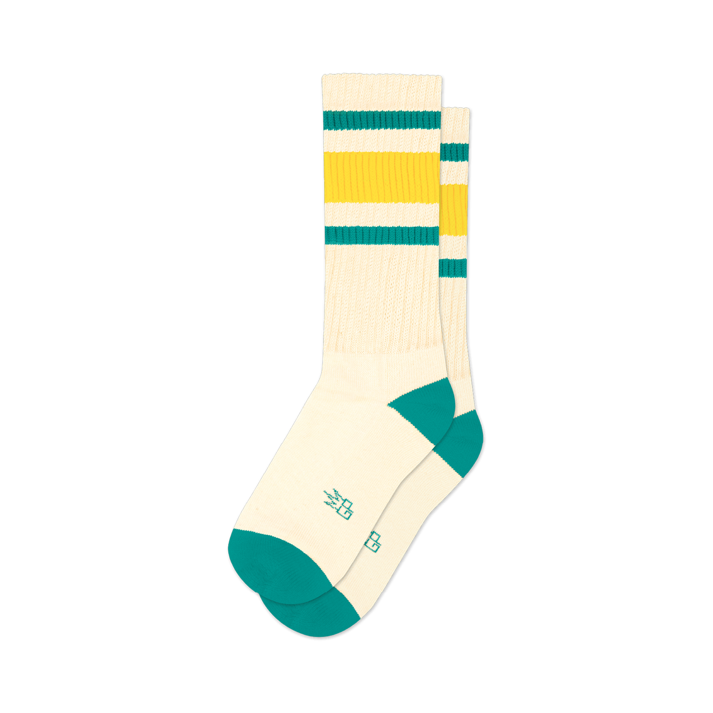 Pair of cream crew socks with green and gold stripes and teal cuffs. 