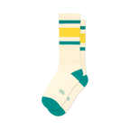 Pair of cream crew socks with green and gold stripes and teal cuffs. 