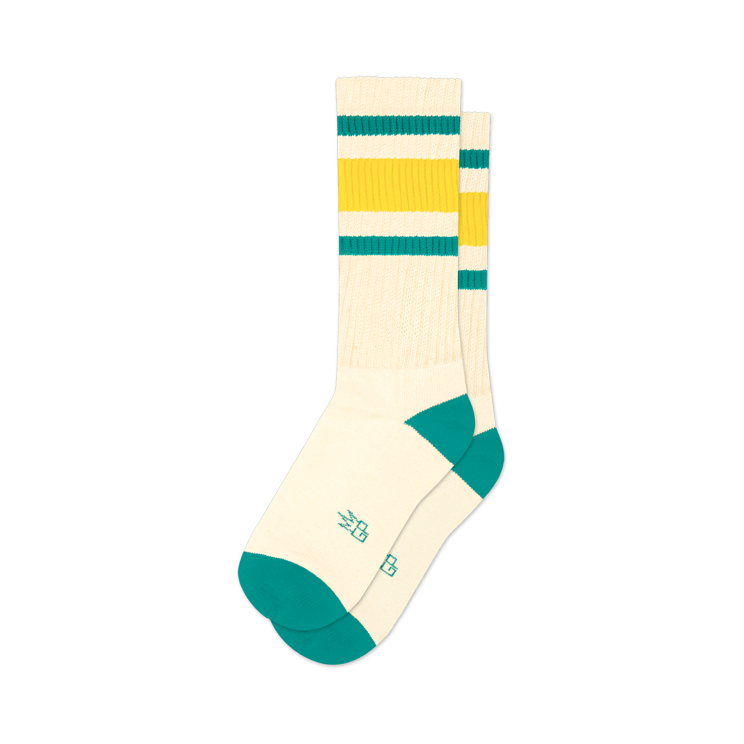Pair of cream crew socks with green and gold stripes and teal cuffs. 