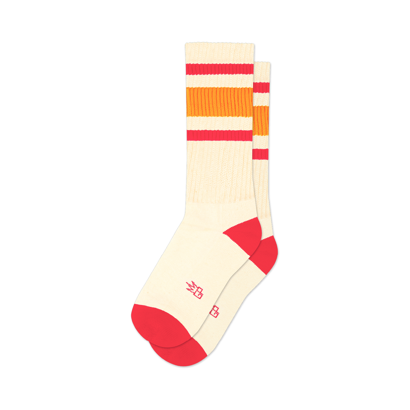 Pair of off-white crew socks with pink and orange stripes. Red accents at the heel and toe. A small logo is visible on the sole.