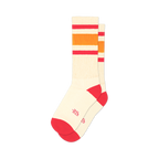 Pair of off-white crew socks with pink and orange stripes. Red accents at the heel and toe. A small logo is visible on the sole.