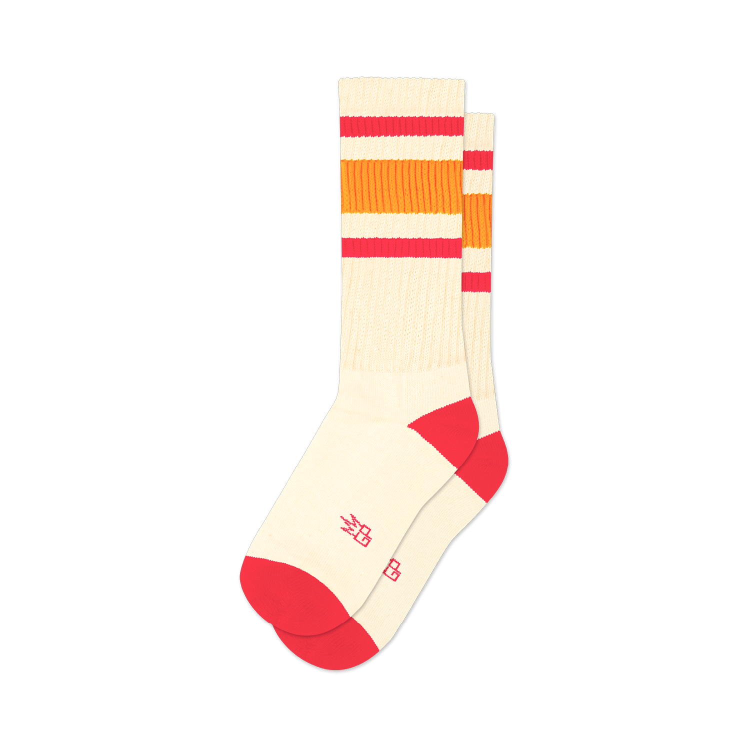 Pair of off-white crew socks with pink and orange stripes. Red accents at the heel and toe. A small logo is visible on the sole.