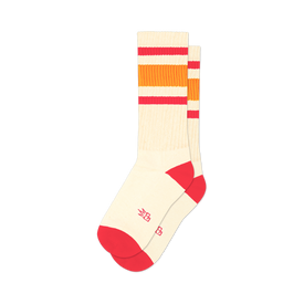 front view of a pair of white socks with red and orange stripes.