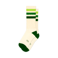 Pair of off-white crew socks with green and lime green stripes, and dark green cuffs.  Features a small logo.