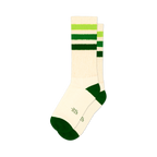 Pair of off-white crew socks with green and lime green stripes, and dark green cuffs.  Features a small logo.