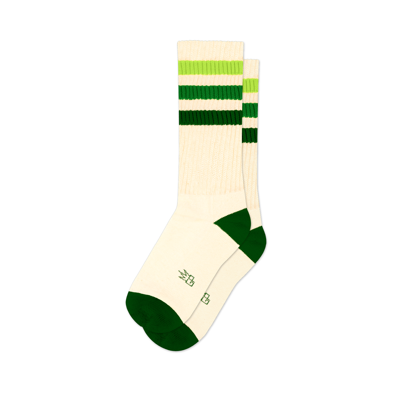 Pair of off-white crew socks with green and lime green stripes, and dark green cuffs.  Features a small logo.