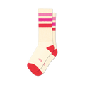 Pair of cream crew socks with pink and red horizontal stripes and red cuffs.