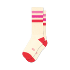 Pair of cream crew socks with pink and red horizontal stripes and red cuffs.