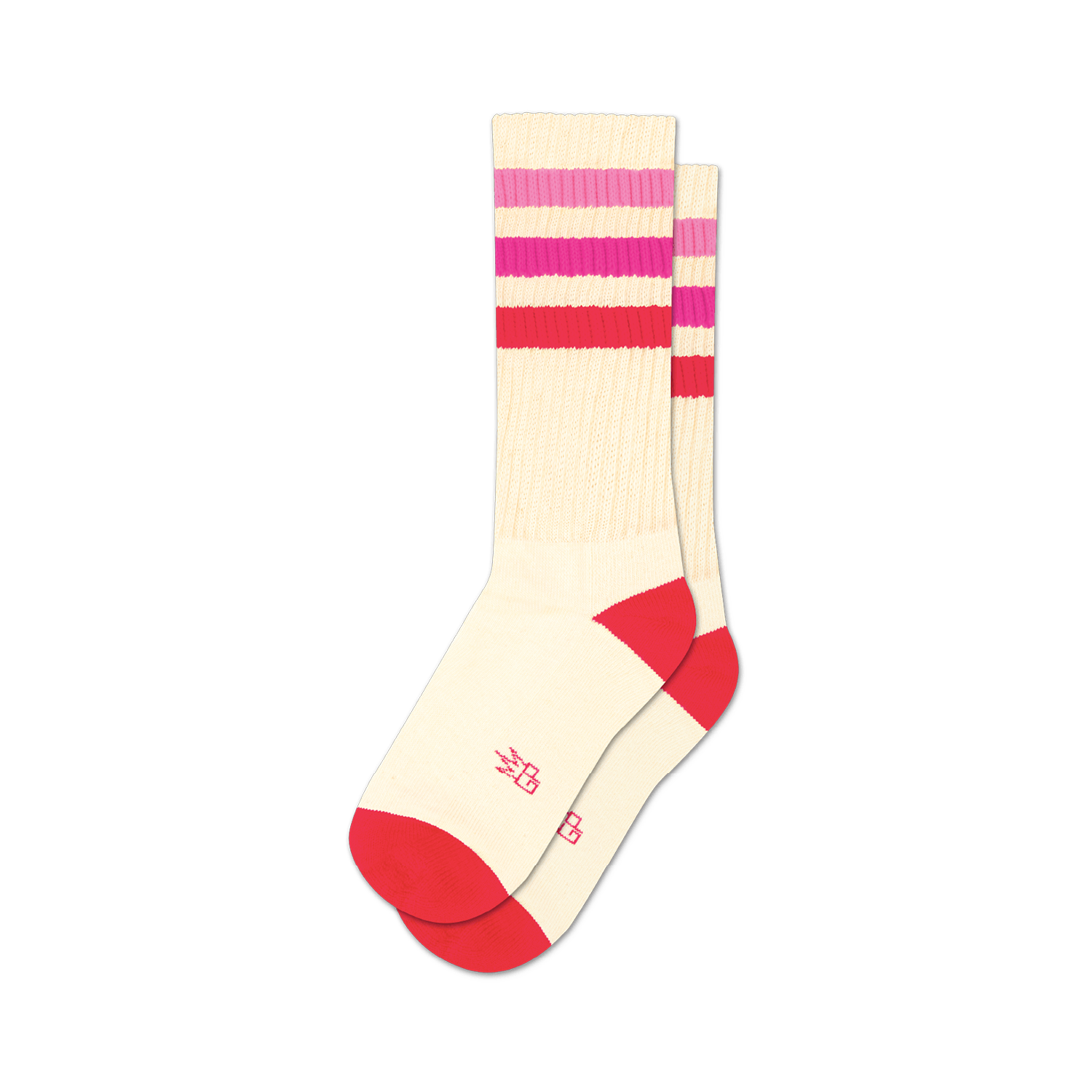 Pair of cream crew socks with pink and red horizontal stripes and red cuffs.