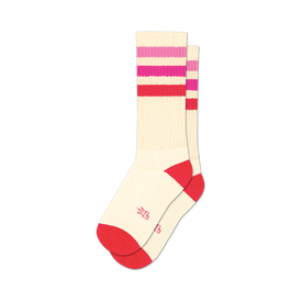 pair of "marcia" retro socks with red, pink, and white stripes in a front view.