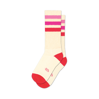 pair of "marcia" retro socks with red, pink, and white stripes in a front view.