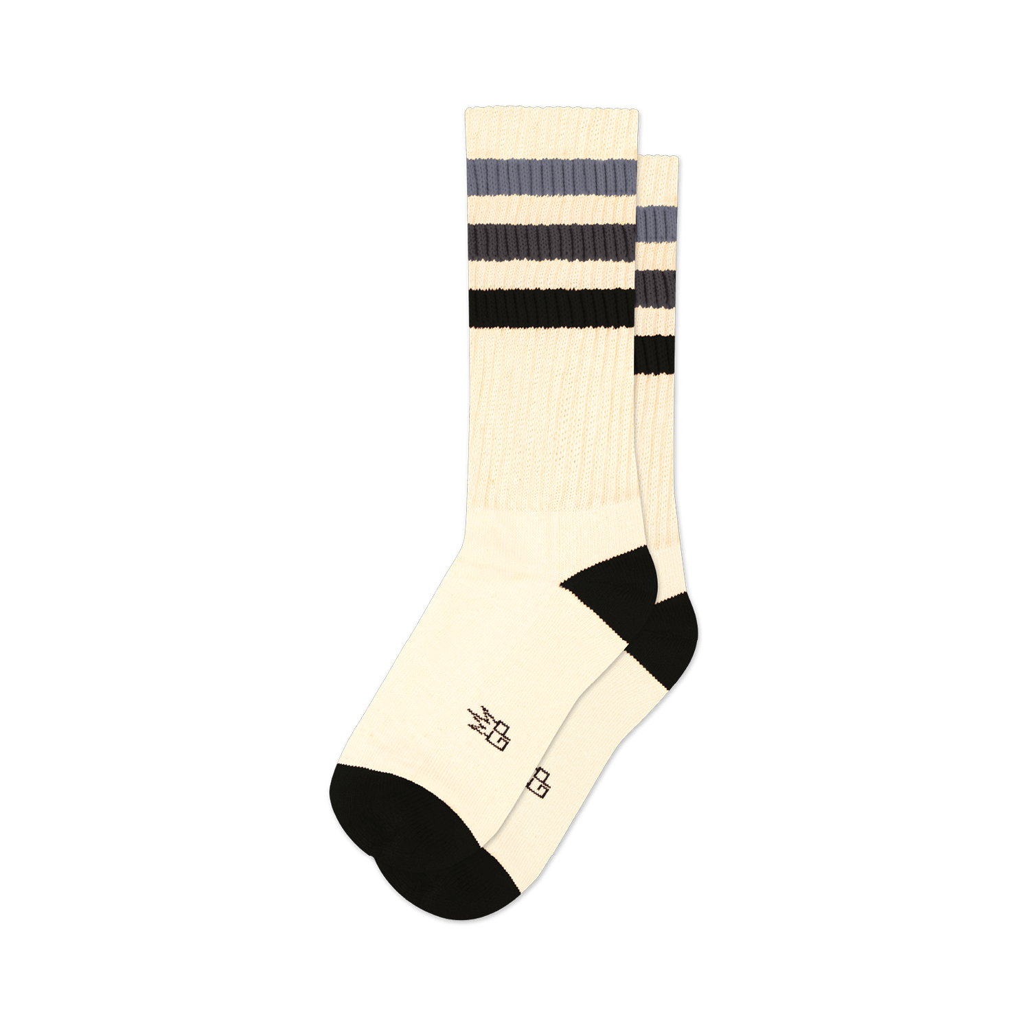Pair of off-white crew socks with black and grey horizontal stripes. Black cuffs and subtle embroidered logo.