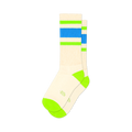 Pair of cream crew socks with blue and neon green stripes.  The socks have a neon green heel and toe.