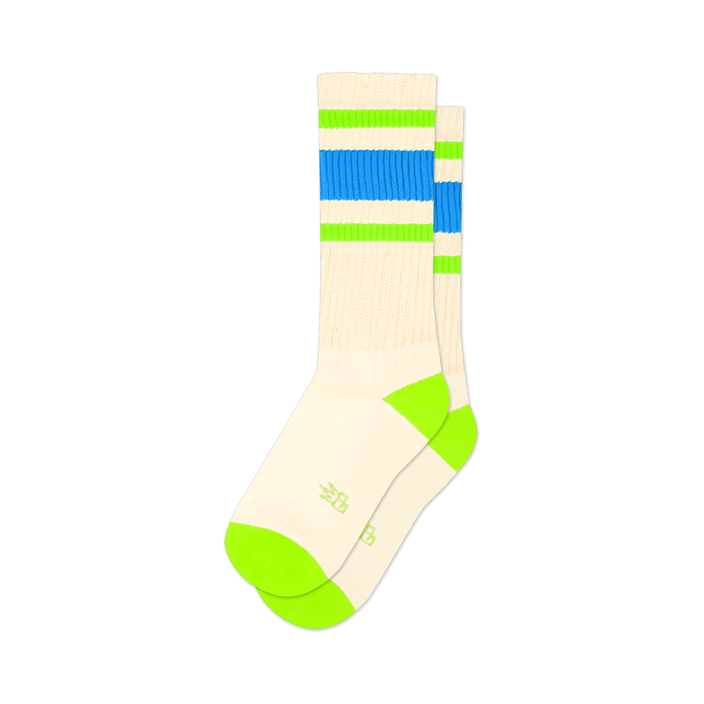 Pair of cream crew socks with blue and neon green stripes.  The socks have a neon green heel and toe.