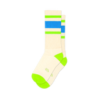 Pair of cream crew socks with blue and neon green stripes.  The socks have a neon green heel and toe.