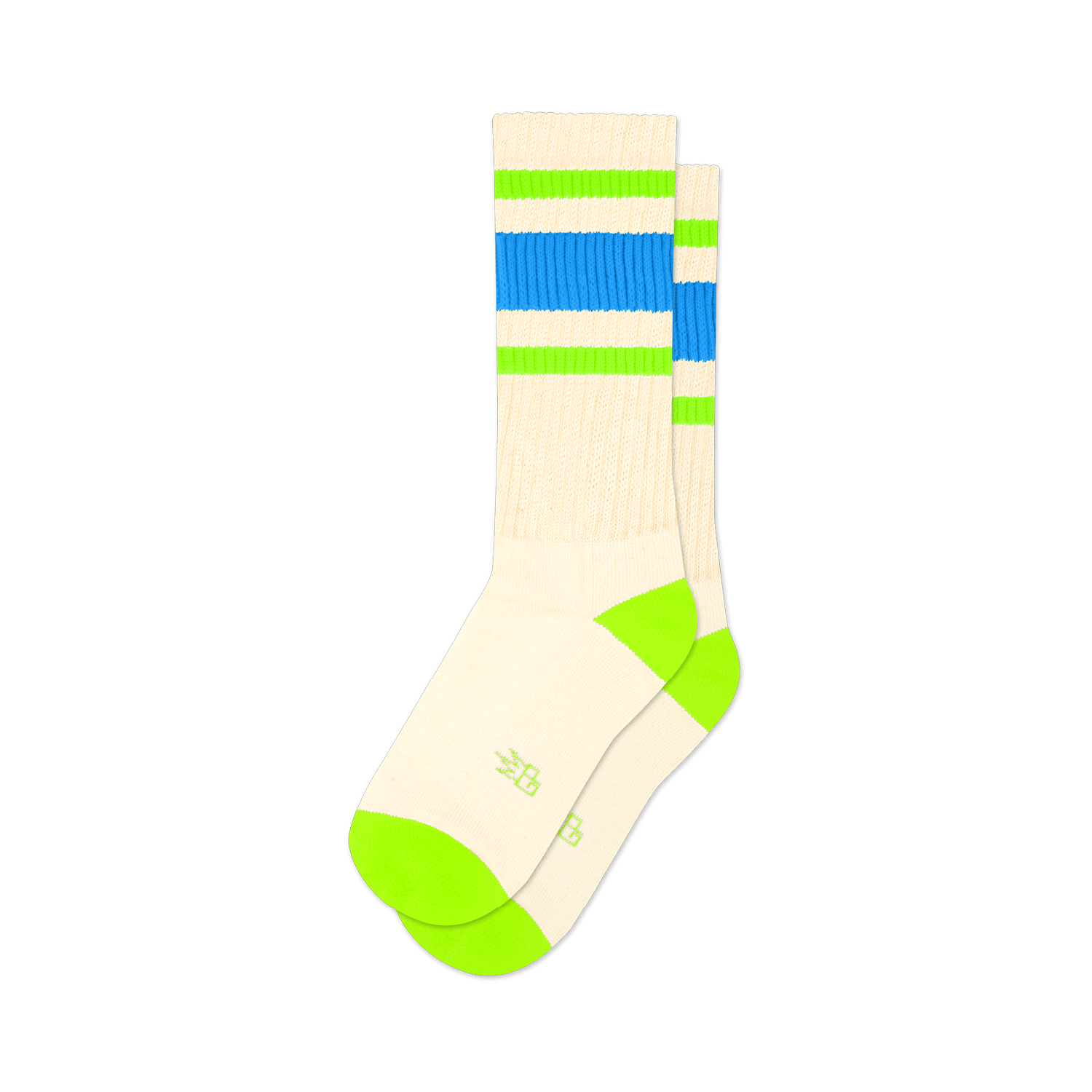 Pair of cream crew socks with blue and neon green stripes.  The socks have a neon green heel and toe.