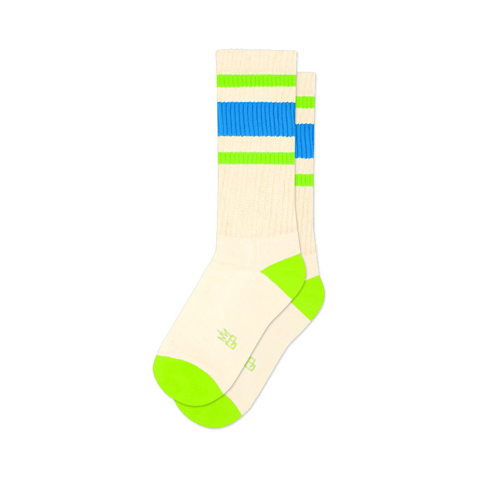 front view of two cream colored socks with green and blue stripes.