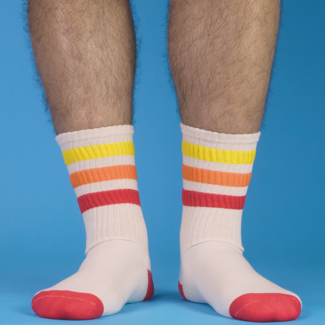 Close-up detail shot of Tiger socks, showcasing the texture and stripes. [lf]