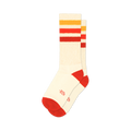 Pair of cream crew socks with red, orange, and yellow horizontal stripes. Red accents at the heel and toe. Small logo on the bottom.