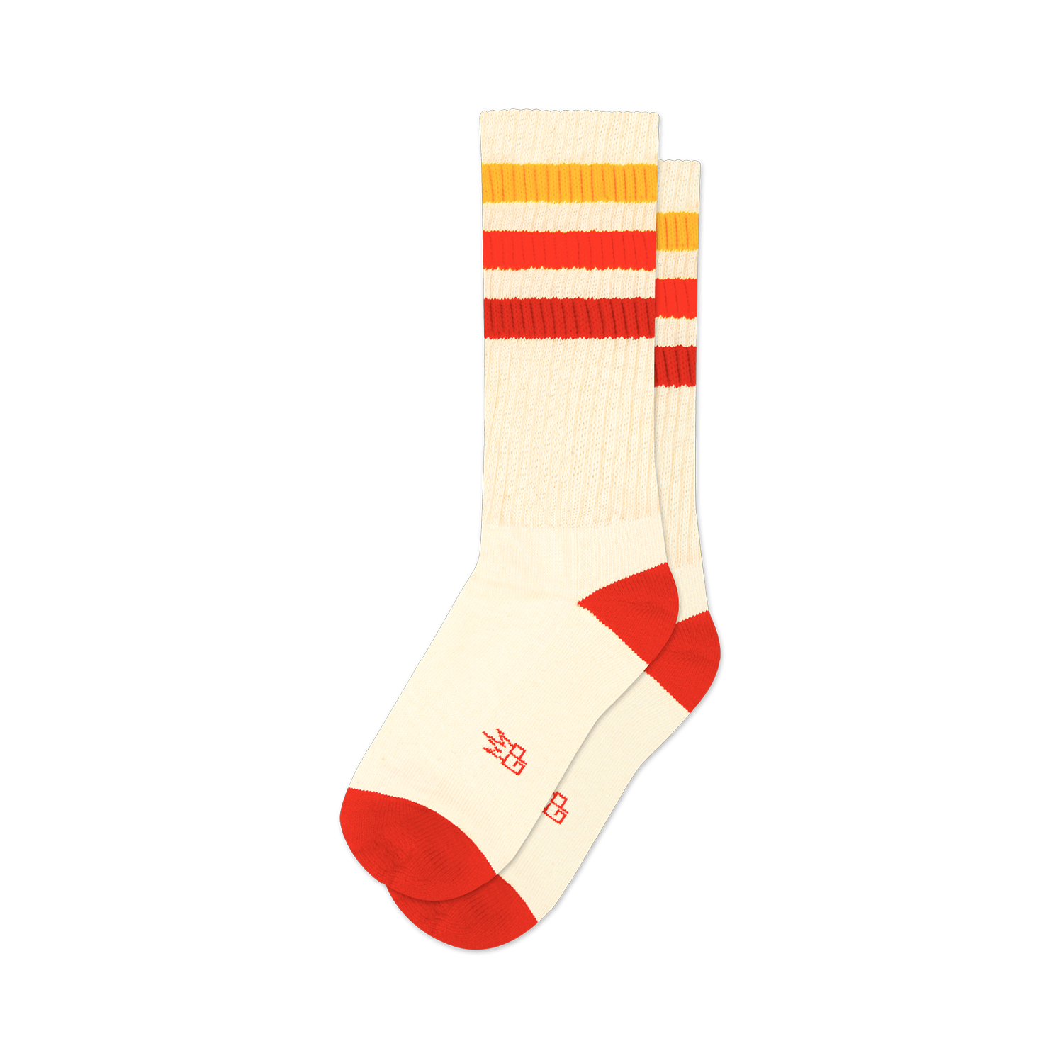 Pair of cream crew socks with red, orange, and yellow horizontal stripes. Red accents at the heel and toe. Small logo on the bottom.