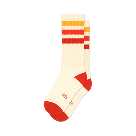 front view of a pair of white socks with red and yellow stripes.