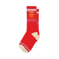 Pair of red crew socks with a repeating 'French Fries' pattern in a retro color gradient.  Features cream and purple stripes at the cuff.