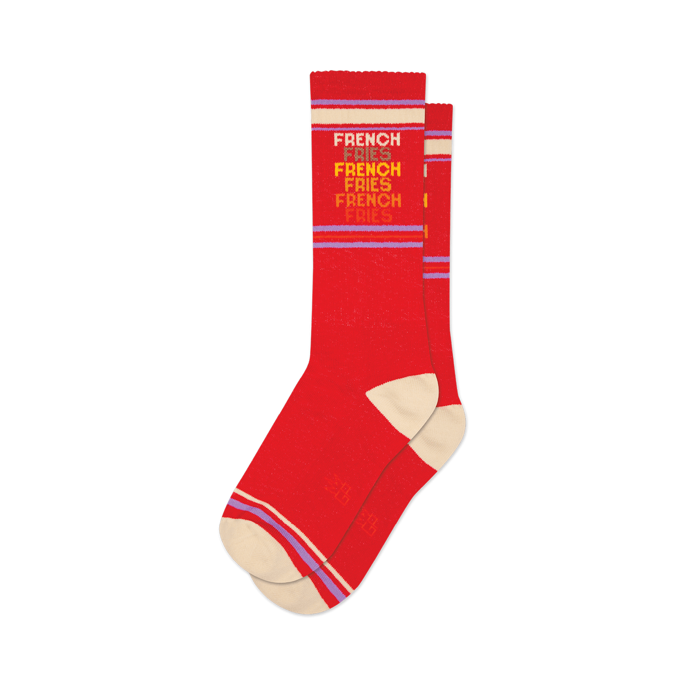 Pair of red crew socks with a repeating 'French Fries' pattern in a retro color gradient.  Features cream and purple stripes at the cuff.