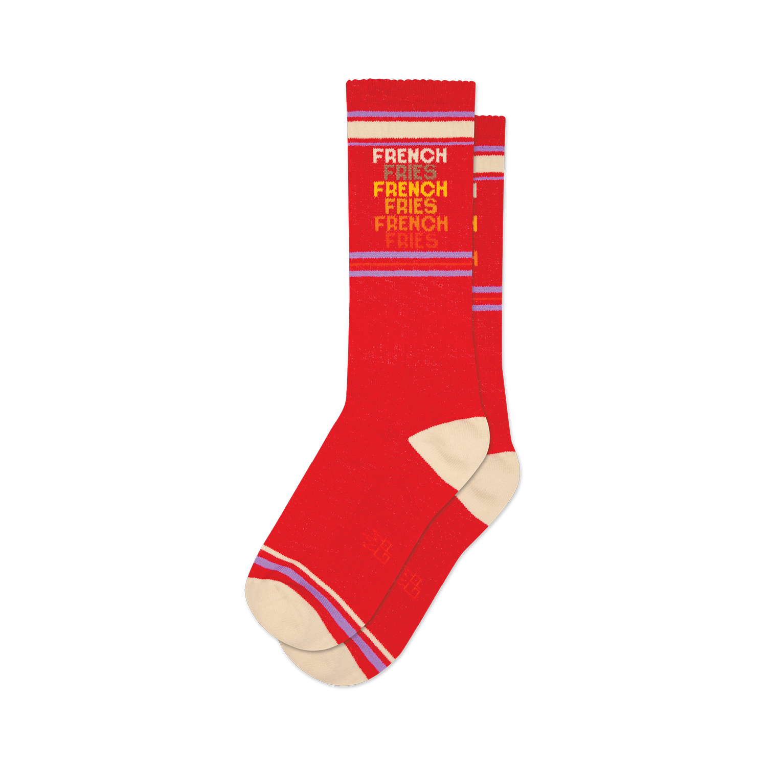 Pair of red crew socks with a repeating 'French Fries' pattern in a retro color gradient.  Features cream and purple stripes at the cuff.