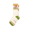 Pair of cream crew socks with green, yellow, and brown stripes and 'I love cowboys' graphic. Red heart detail.
