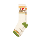 Pair of cream crew socks with green, yellow, and brown stripes and 'I love cowboys' graphic. Red heart detail.