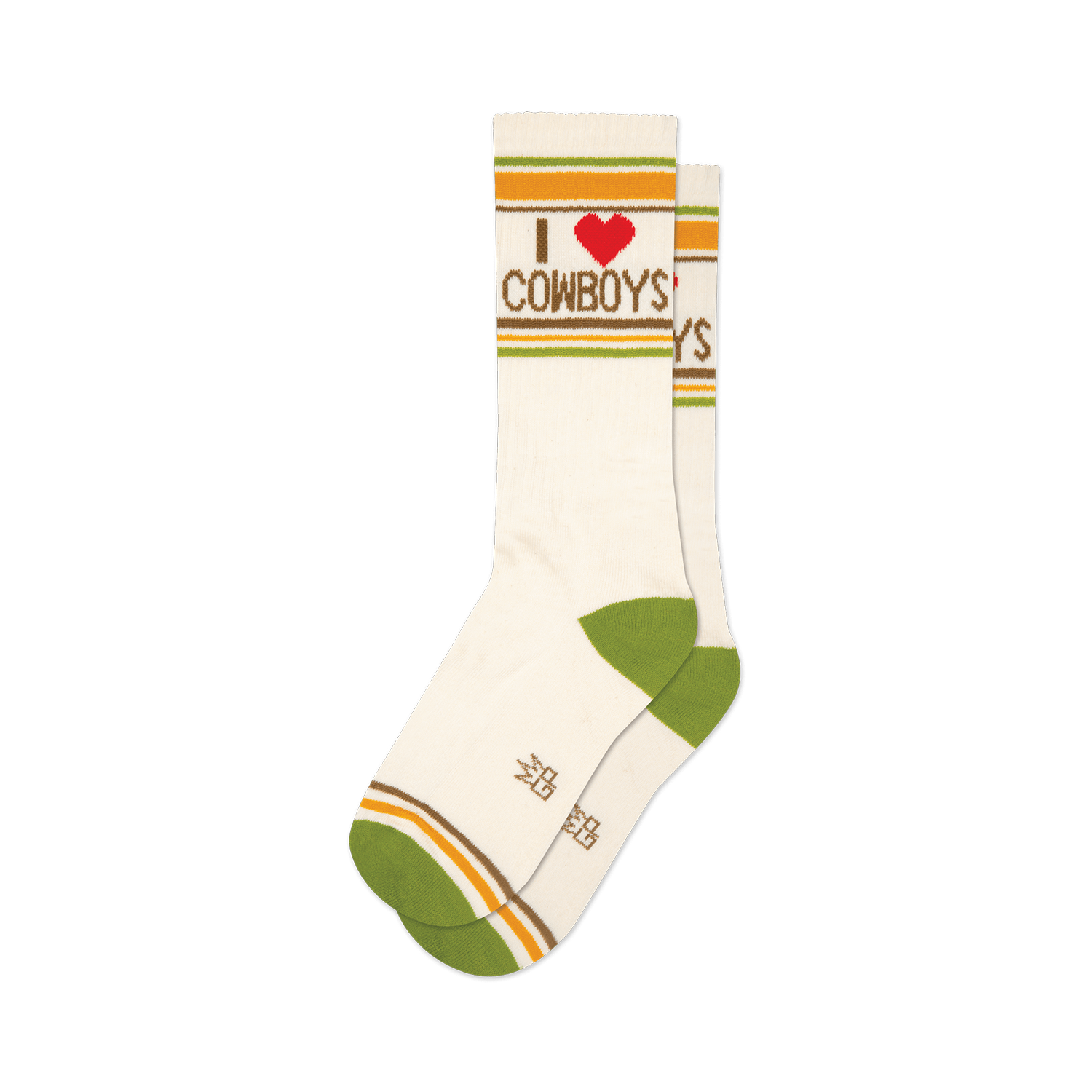 Pair of cream crew socks with green, yellow, and brown stripes and 'I love cowboys' graphic. Red heart detail.