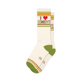 front view of a pair of white socks with green, brown, and orange stripes that say "i love cowboys."