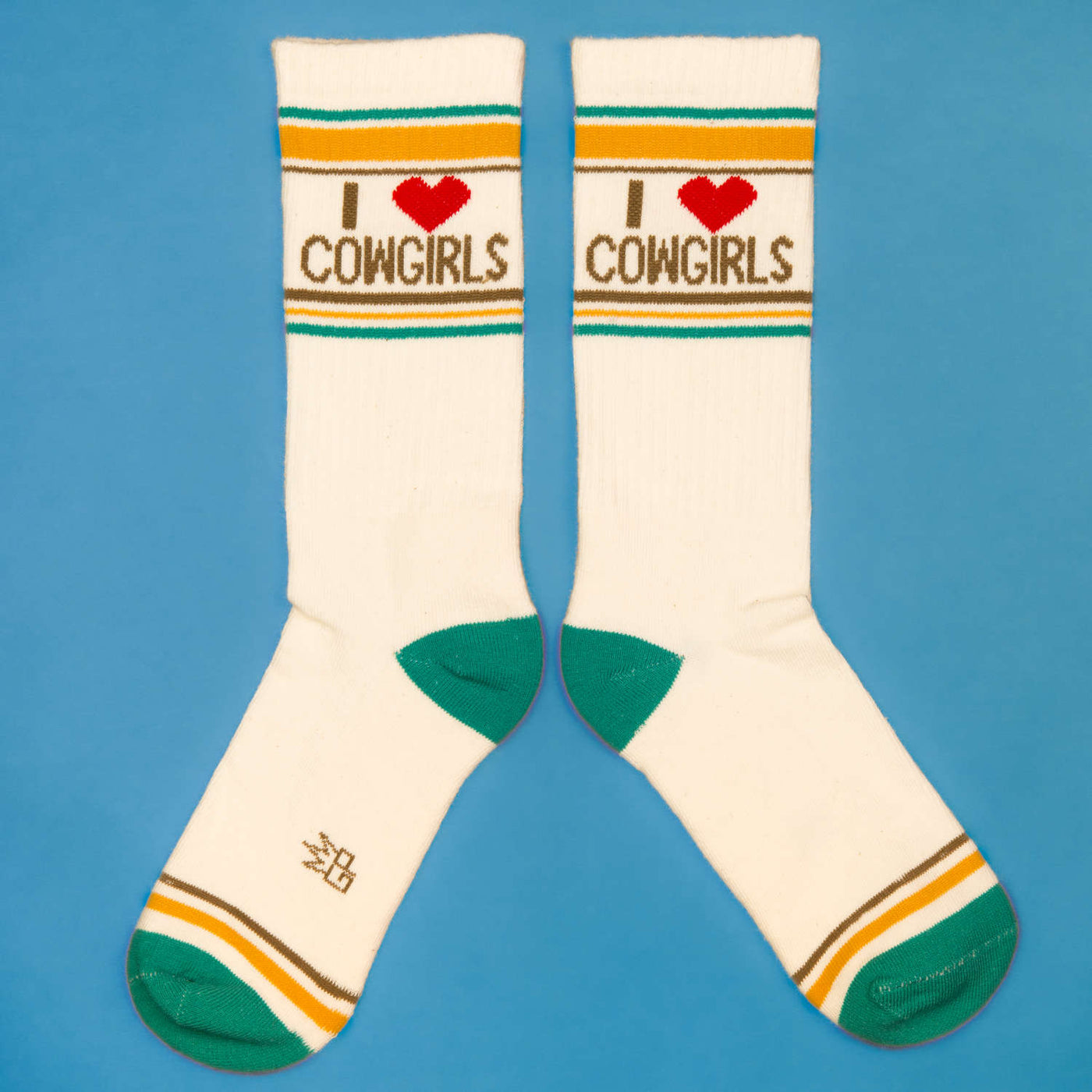 Another flat lay of 'I Heart Cowgirls' socks, showcasing design details.
